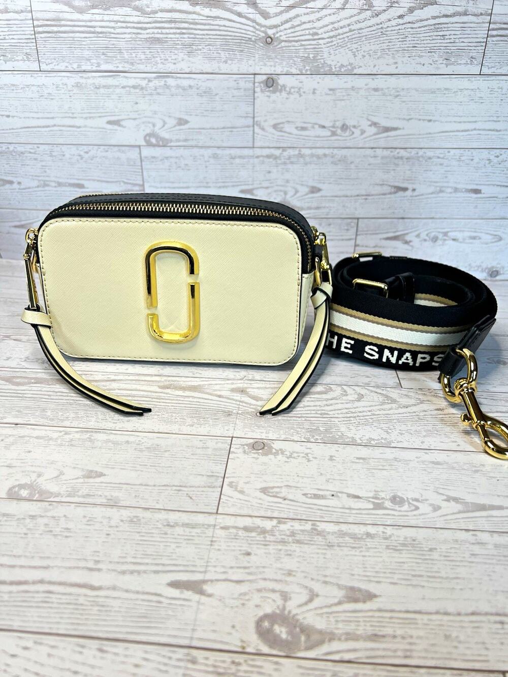 Marc Jacobs Snapshot Colorblock Crossbody Bag Small Ivory Black Gold Hardware